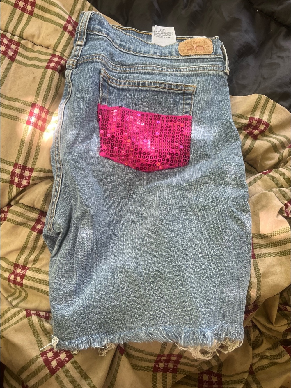 Levi's Light Blue Denim Shorts with Hot Pink Sequin Pocket